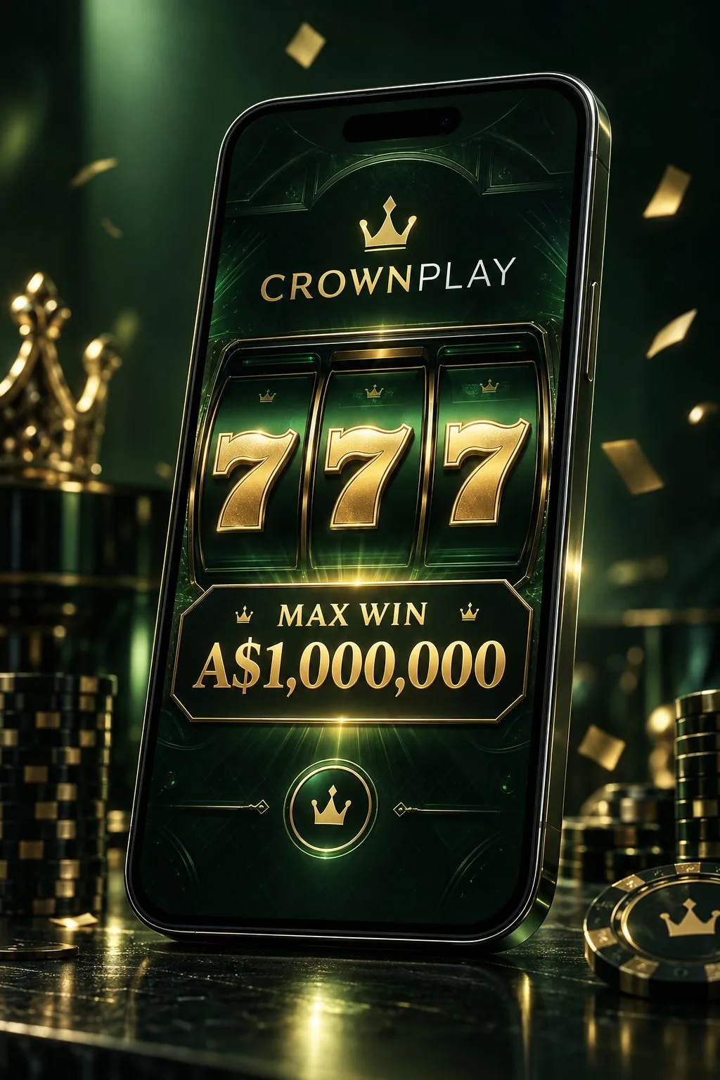CrownPlay mobile slot interface showing three gold sevens and an A$1,000,000 max-win display